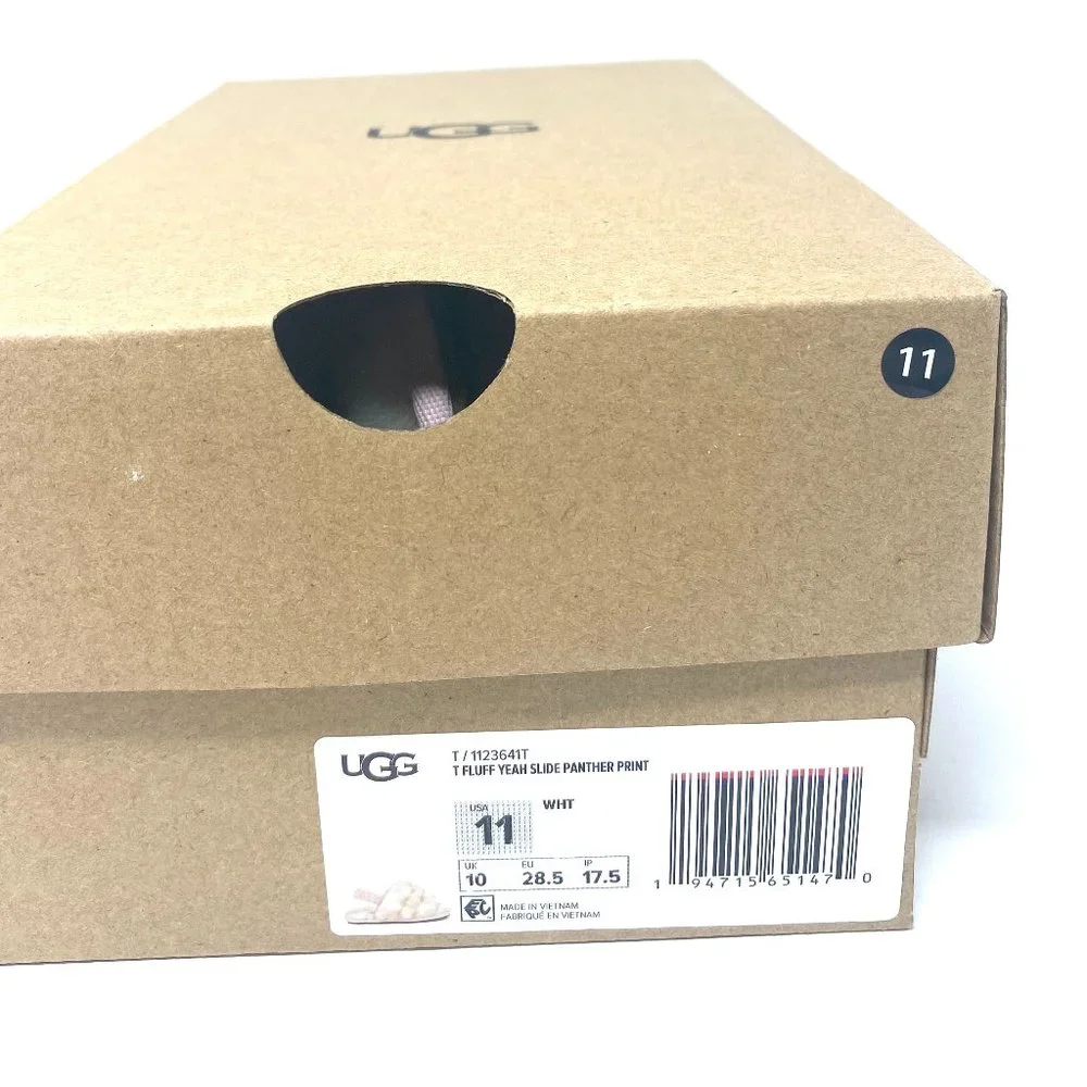 UGG Kids Size 11T 1123641T WHT FLUFF YEAH SLIDE PANTHER PRINT Sandal White Beige - Picture 8 of 9